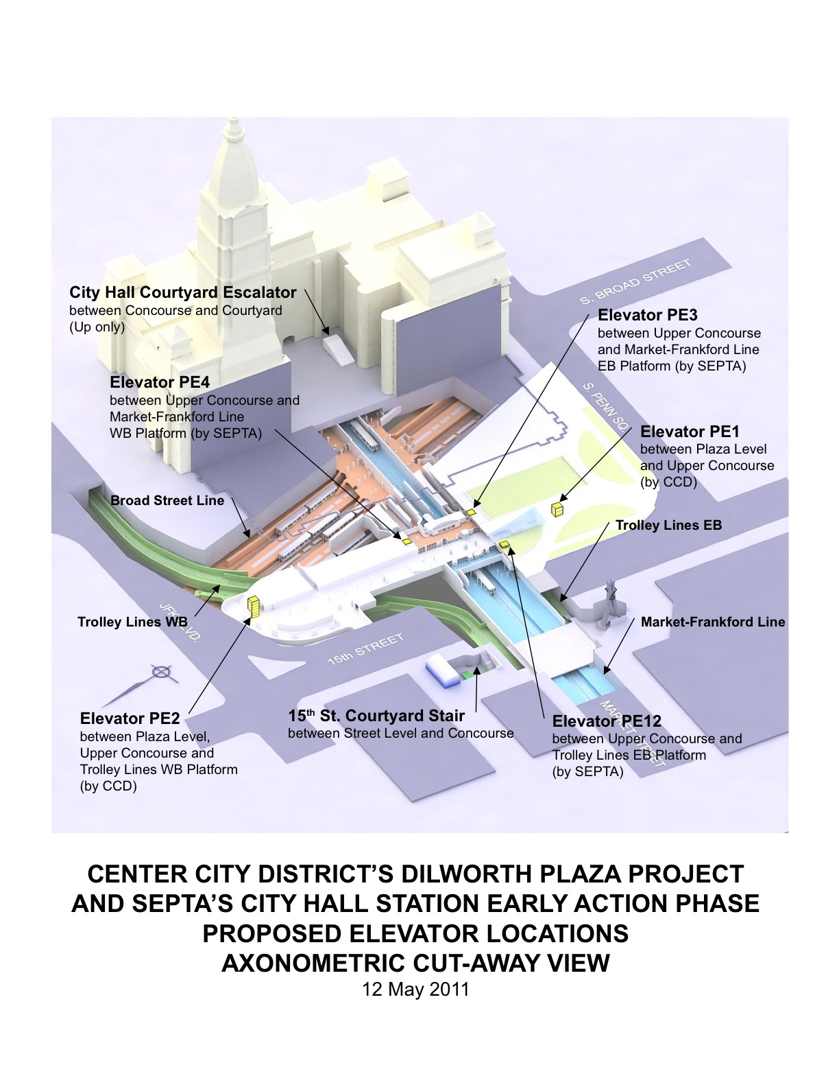 A schematic of SEPTA's project underneath Dilworth Plaza, including new elevators provided for in the agreement.