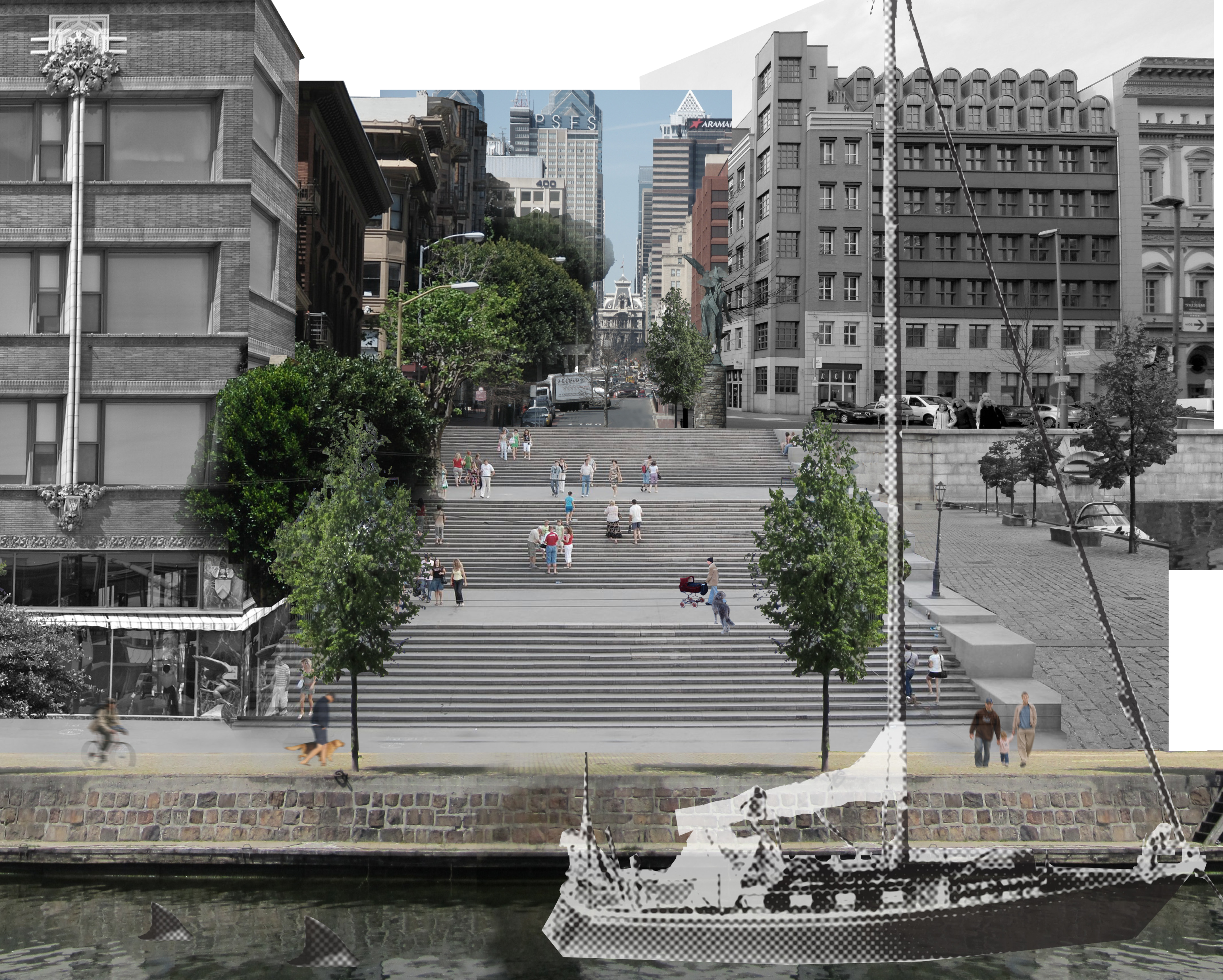 The winning design's grand staircase that would connect river to city at Market Street