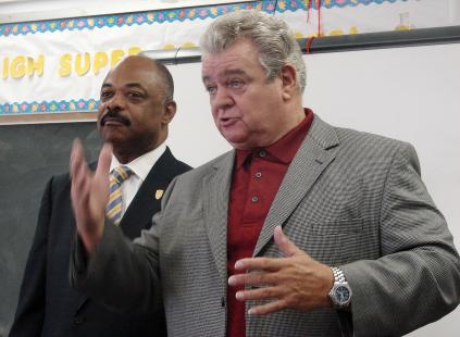 U.S. Rep. Bob Brady and PFT President Jerry Jordan (left) called for passage of the American Jobs Act 