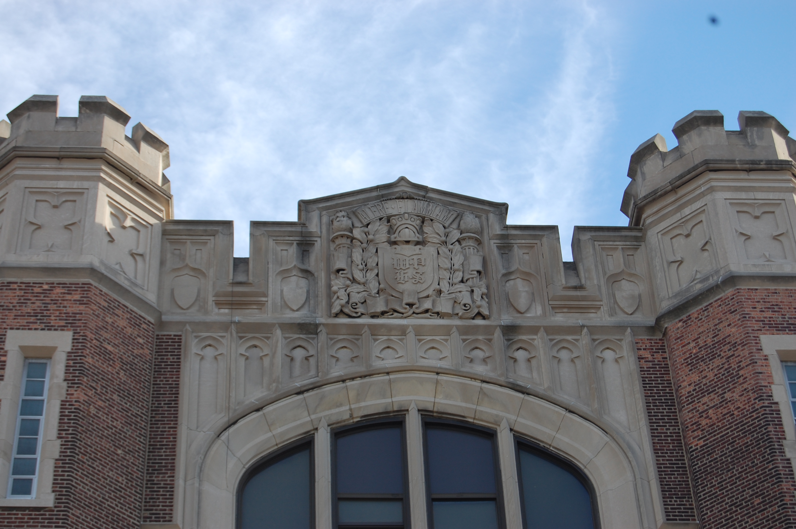 Turrets atop the building's western entrance.