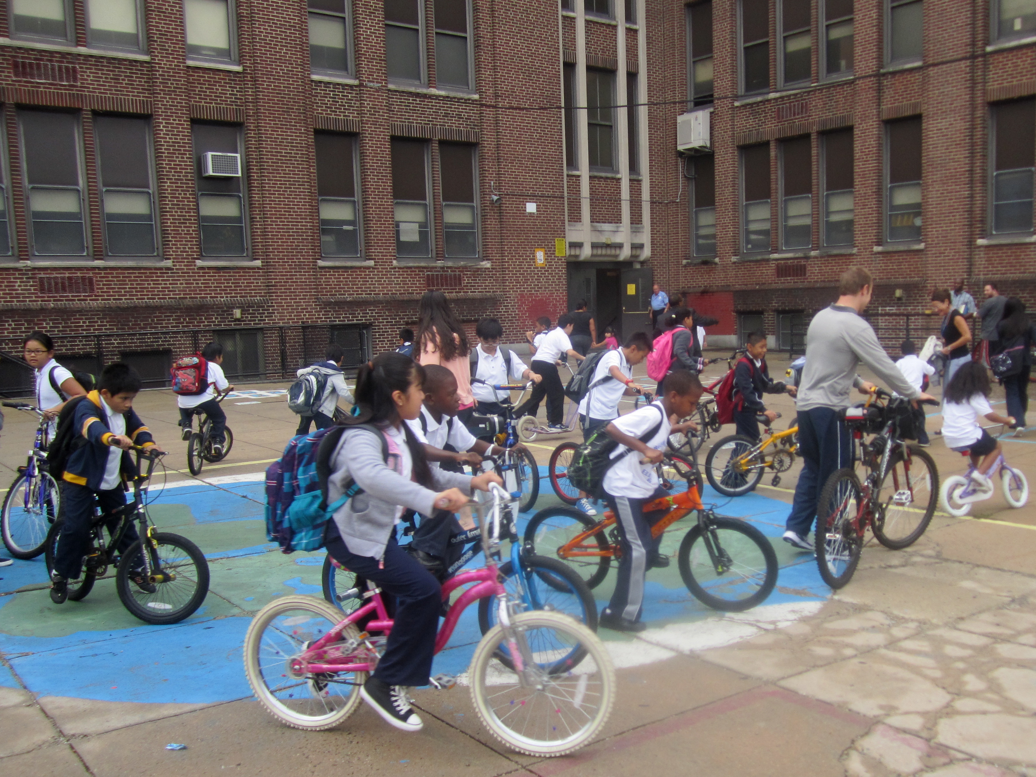 Students gathered in the George Washington Elementary School courtyard after walking and biking to school Thursday