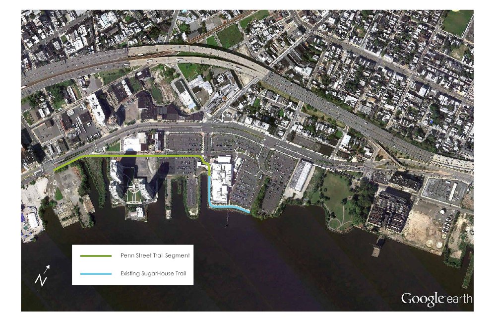 Image shows the Penn Street trail segment in green, existing SugarHouse trail in blue