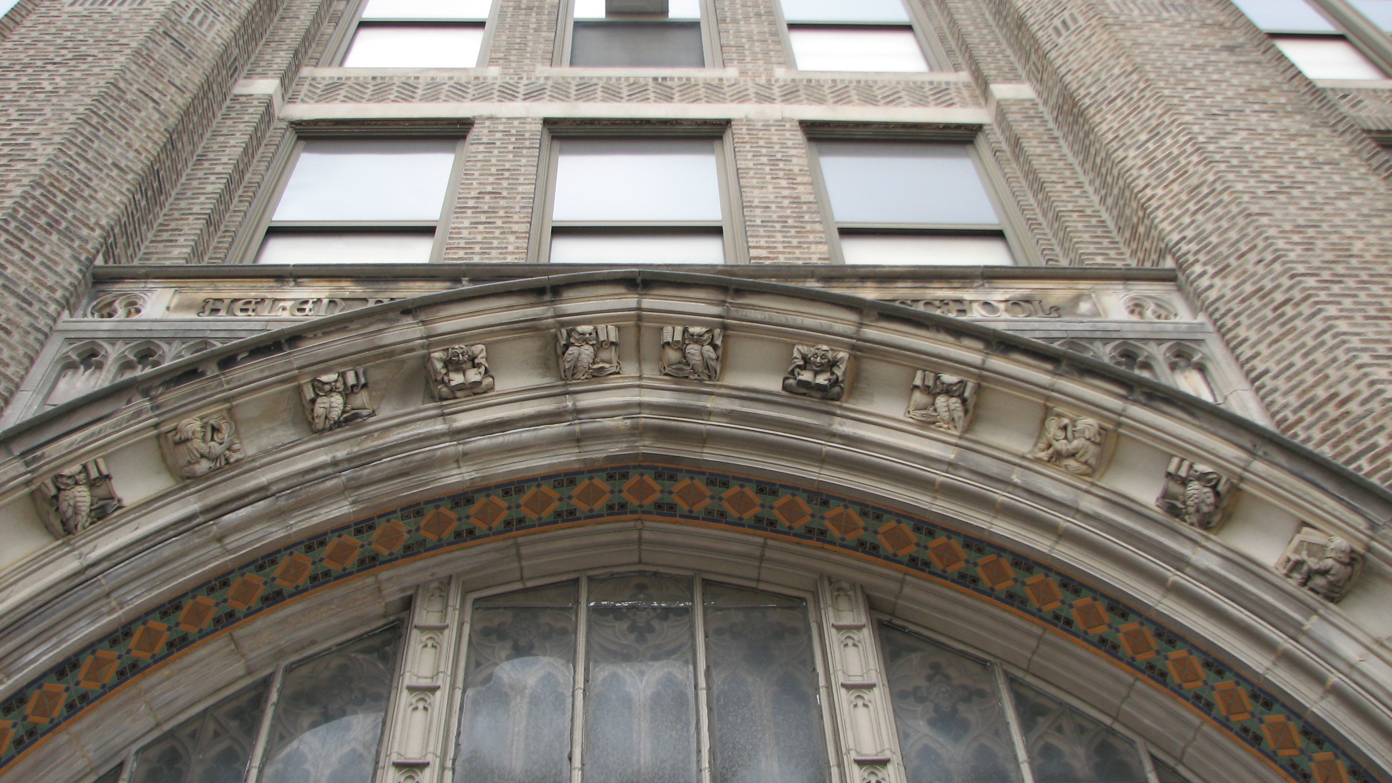 The Gothic arched entrance to the Philadelphia High School for Business, 13th and Brandywine Streets.