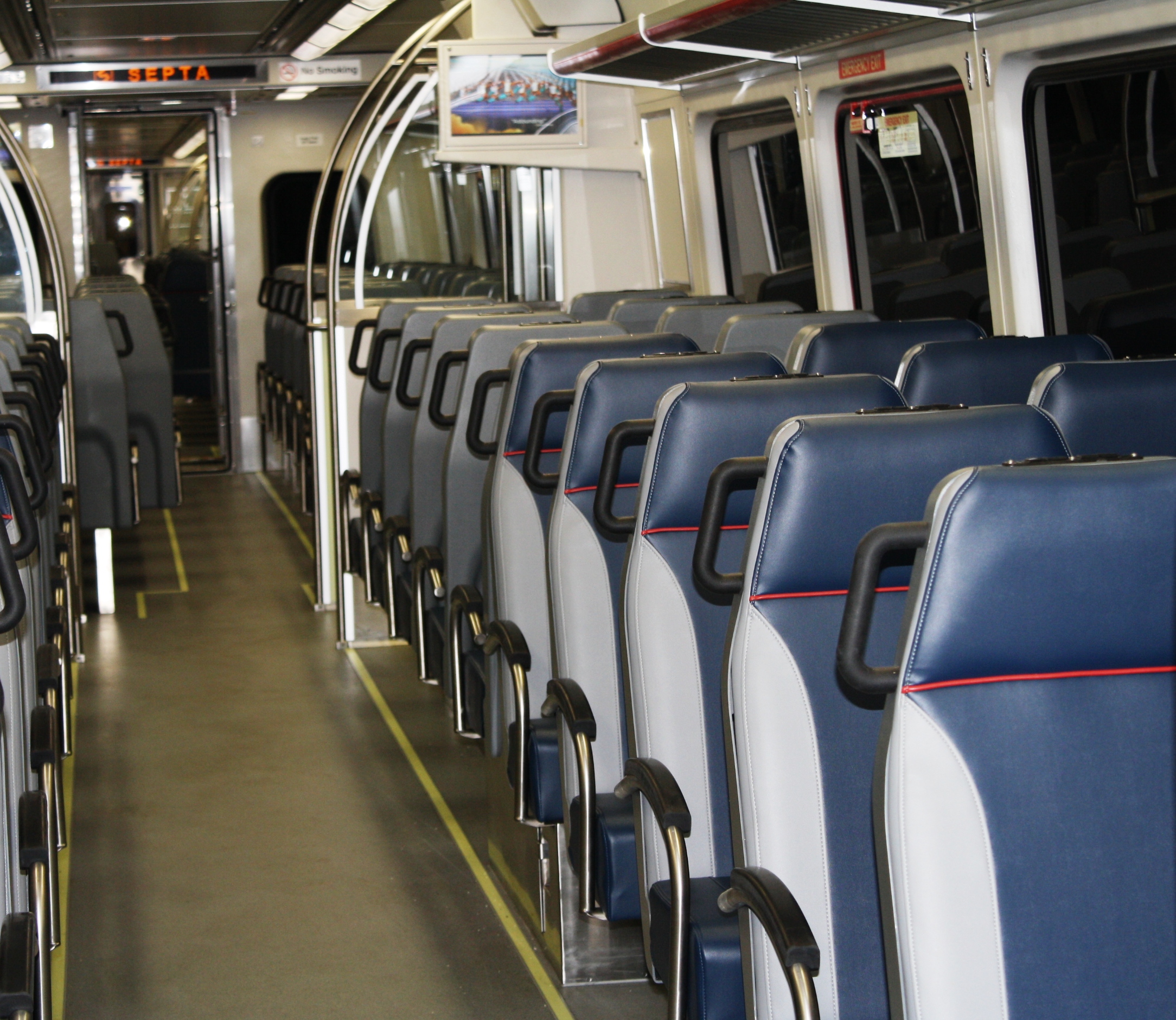 The Silverliner Vs have 109 seats, 11 fewer than the Silverliner IVs, which had 120 seats. Photo courtesy of SEPTA