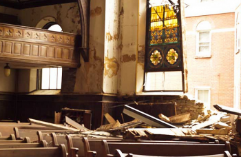 The collapsed wall of Frankford Central United Methodist Church, as seen from the inside. Photo/Stan Lupo