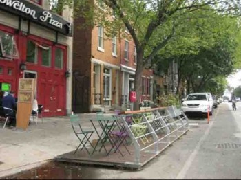 A West Philly parklet installed last fall at 36th Street and Lancaster Avenue. NewsWorks partner photo/Peter Crimmins