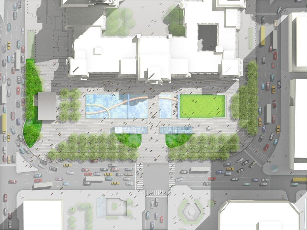 Aerial rendering of redesigned Dilworth Plaza. 