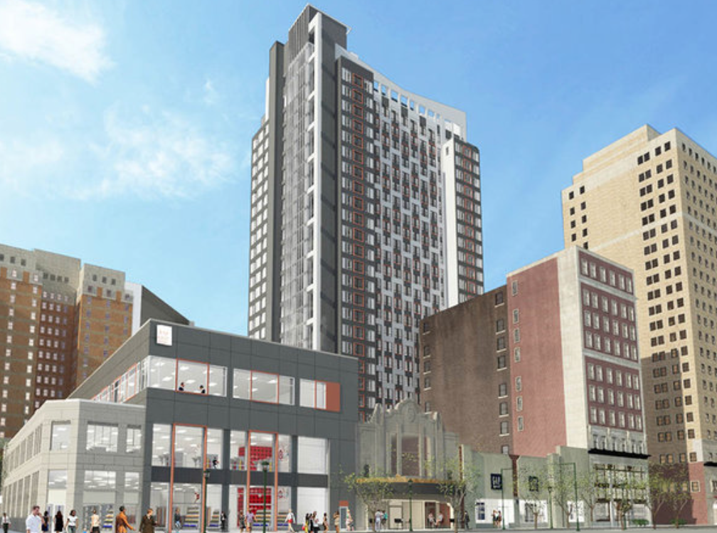 A rendering shows Eimer Architecture’s design for the new tower on the site of the old Boyd Theatre.