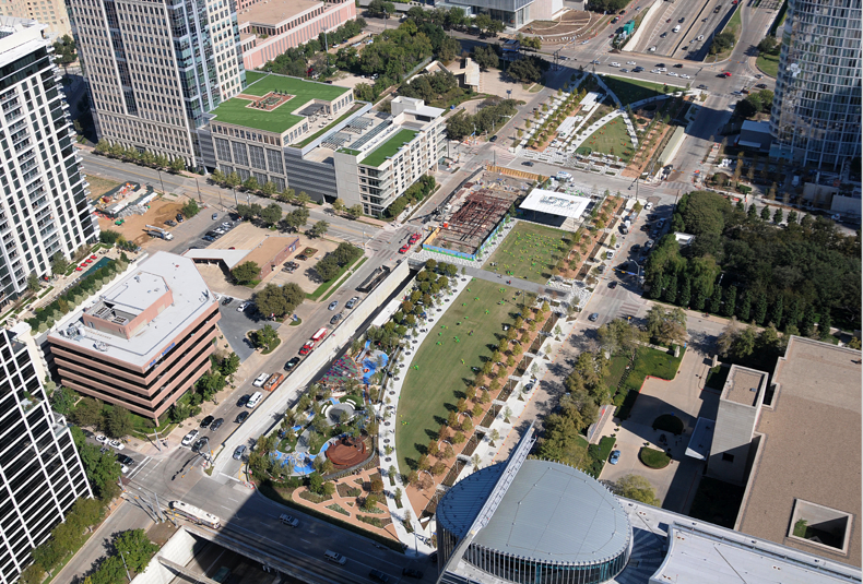 An aerial view of Klyde Warren Park (photo credit Kye R. Lee, Dallas News)