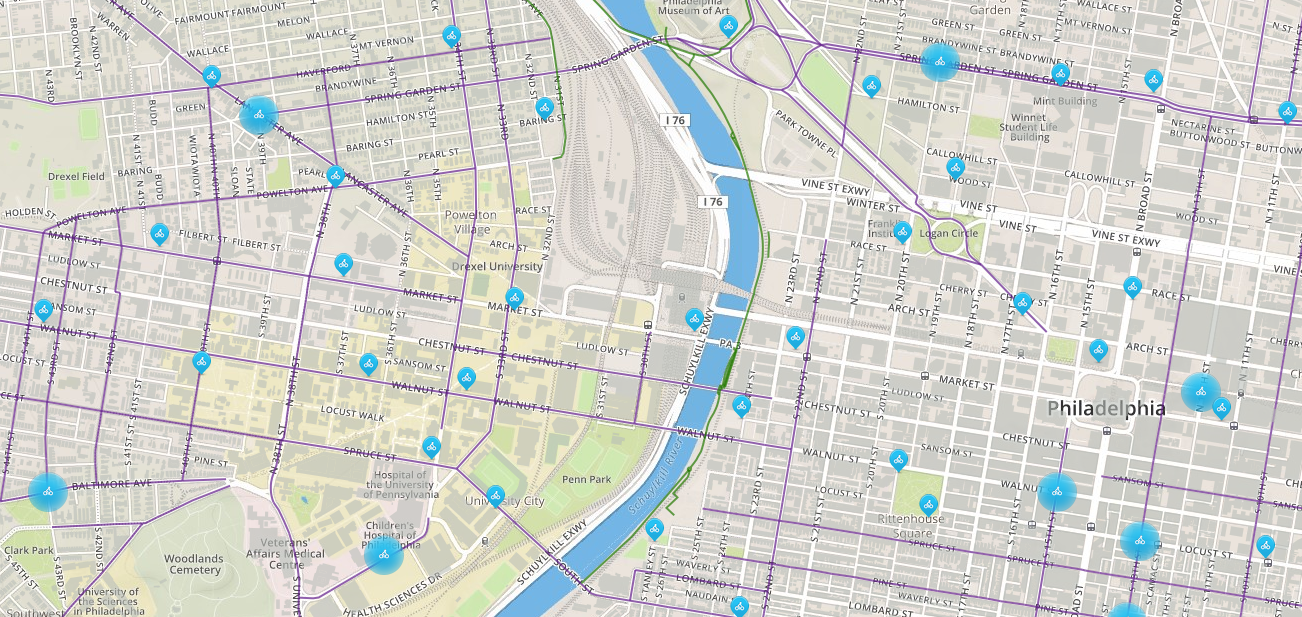 Section of map showing possible bike share stations, Draft from October 2014