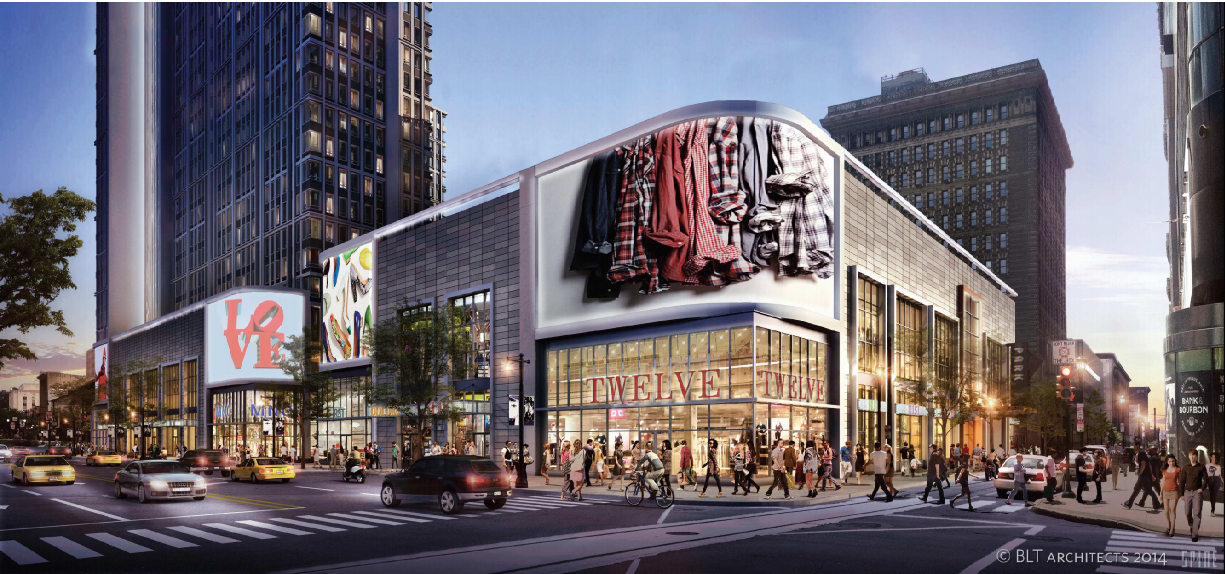 Renderings for East Market show digital displays permitted as part of Market Street's Commercial Advertising District.