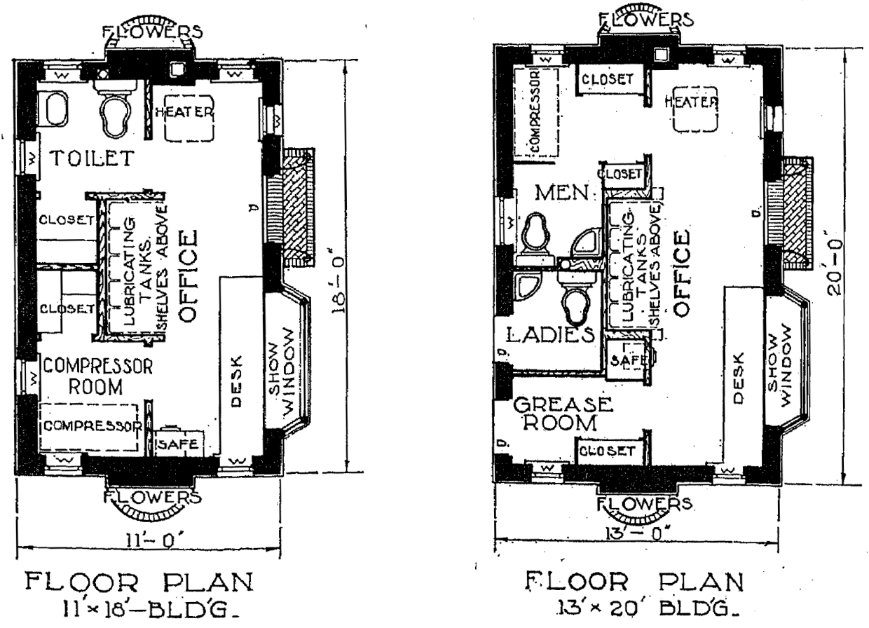 Floor plans of two sizes of Pure Oil Service Stations in the English cottage style. The interior arrangement for the station at 4431-4435 Lancaster Avenue would likely have been similar to the smaller floor plan on the left. Source: Halbert, Ward K., “Merchandise Display Window Features: Pure Oil Co.’s New Stations.” NationalPetroleum News. Vol. 19, no. 33, August 17, 1927.
