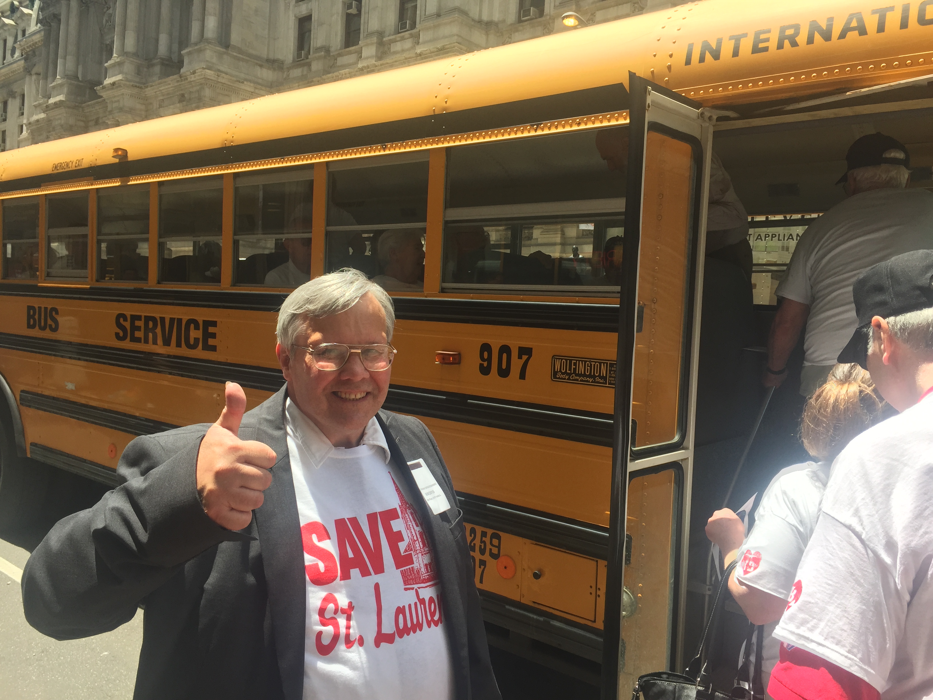Frank Brzozowski, former St.Laurentius parishioner, joining about 30 other supporters who bussed from Fishtown for the hearing. | Bobby Allyn/WHYY NewsWorks