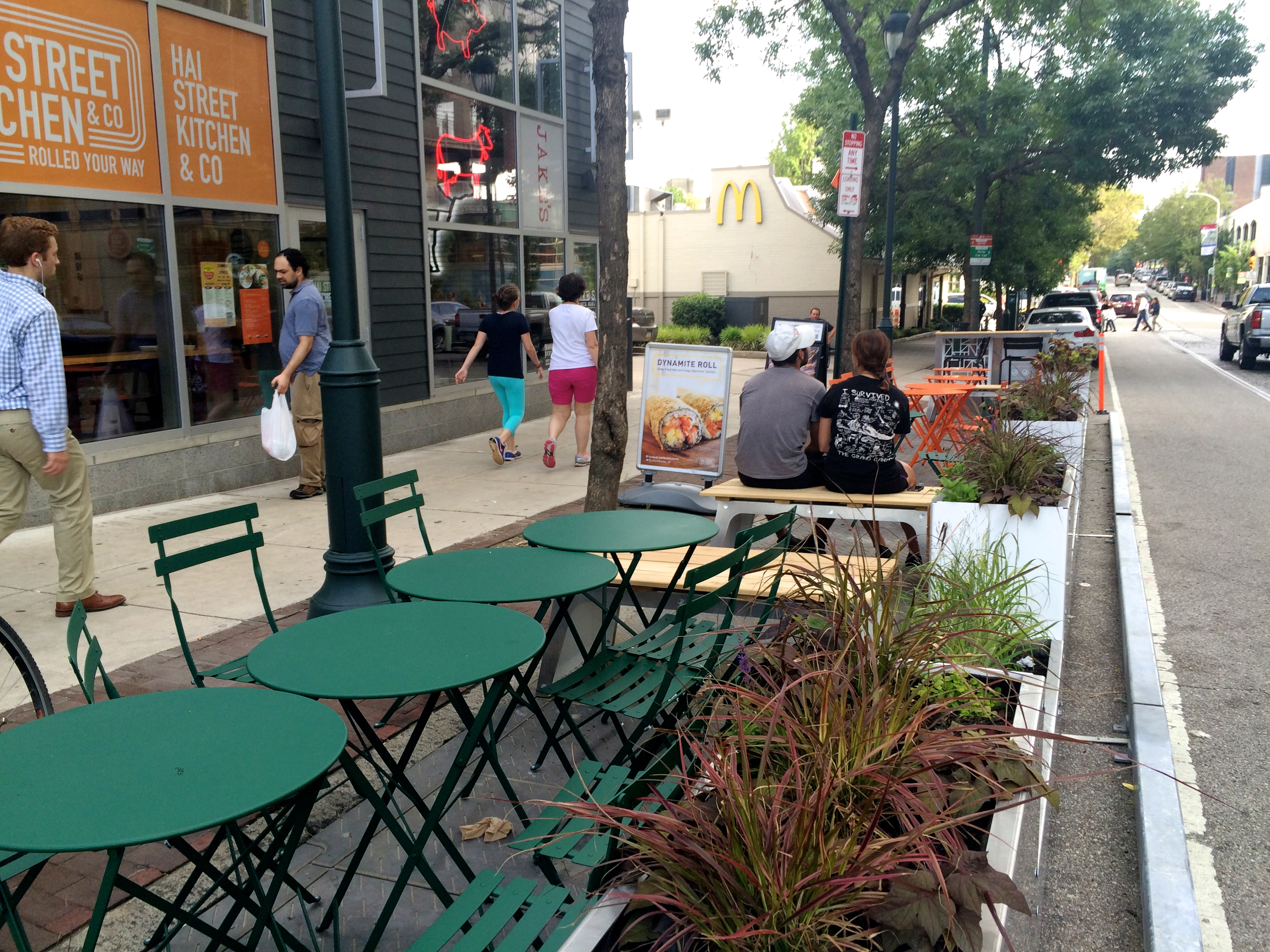 Parklet seating options include bistro tables and benches