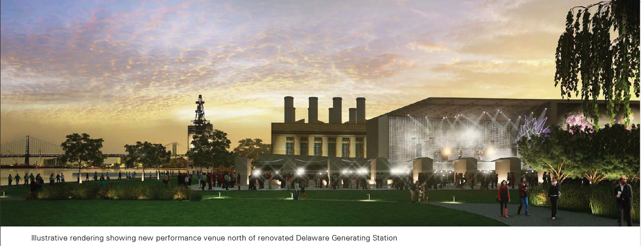 Rendering of new performance venue north of renovated Delaware Generating Station from Master Plan for the Central Delaware, 2012. 