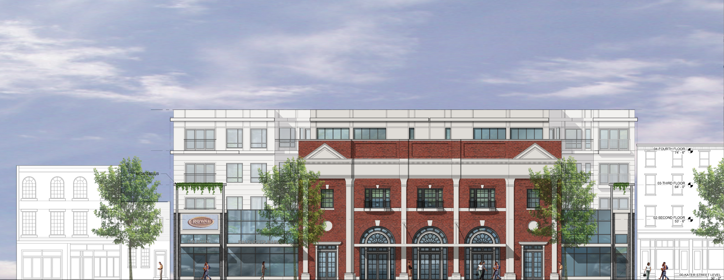 Proposed elevation of Royal Theater's historic South Street facade incorporated into a new building | J Davis Architects