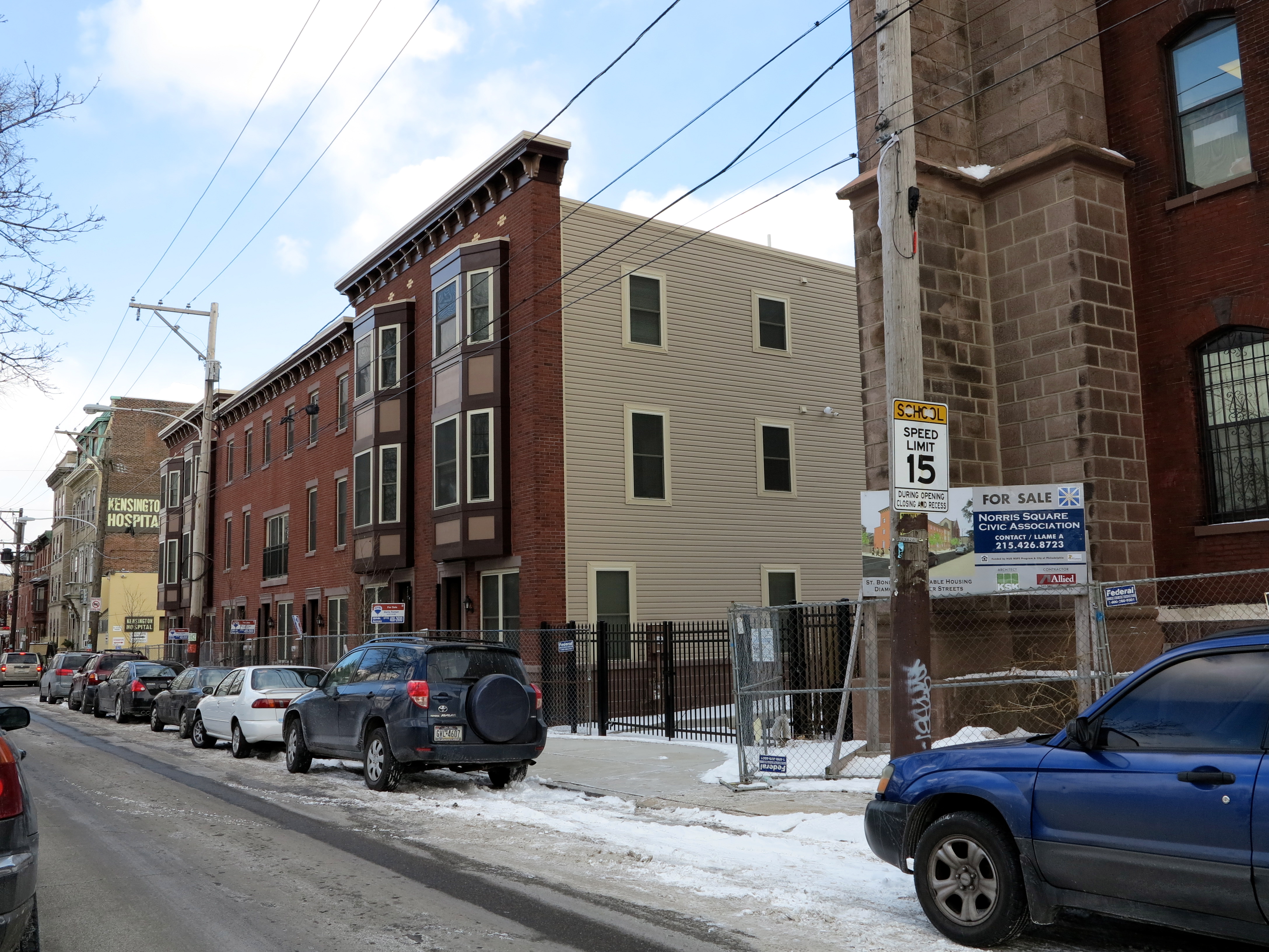 rowhouses that replaced St. Boniface church on Diamond Street