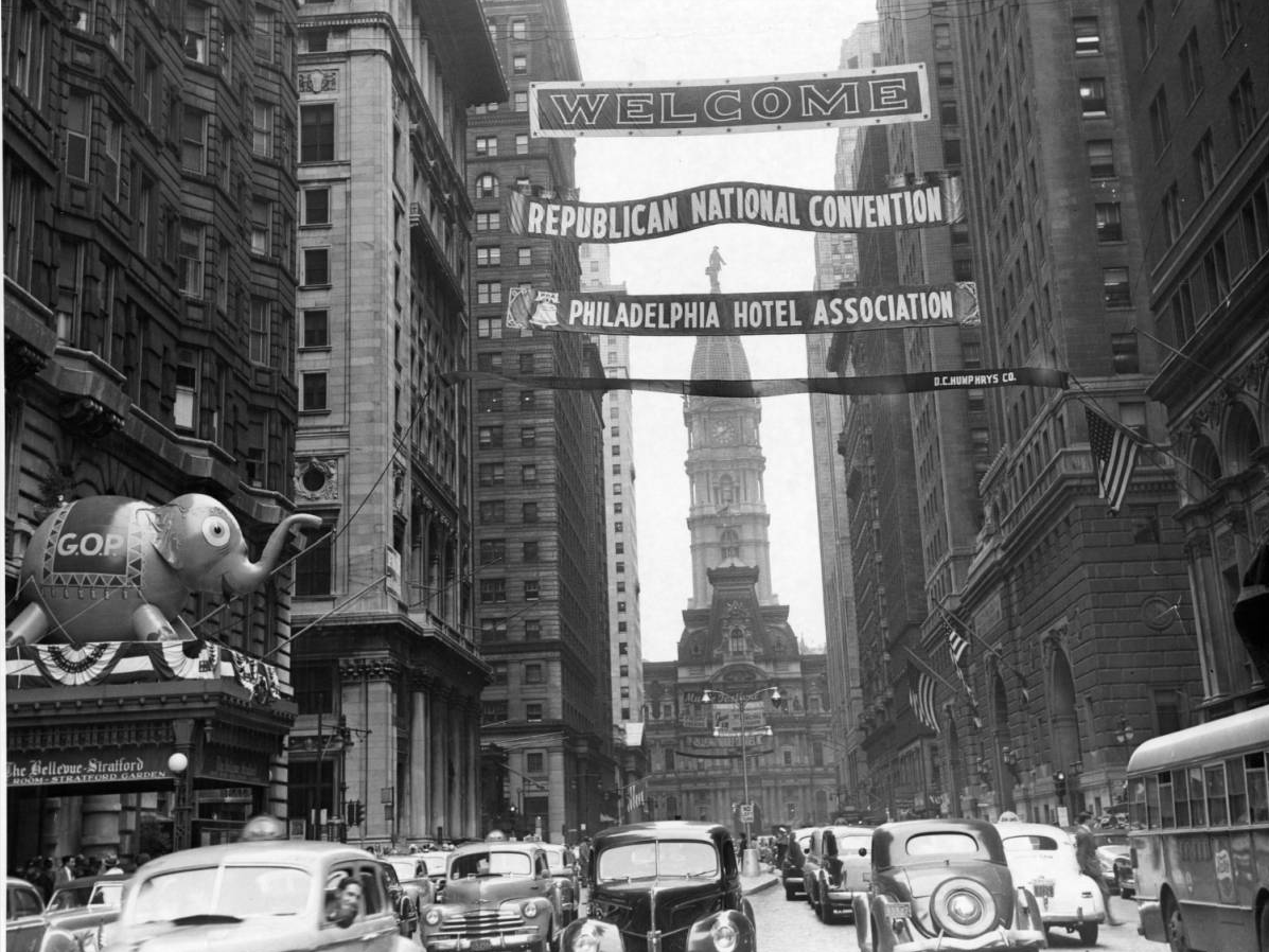 Banner above Broad Street welcomes Republican Convention to Philadelphia, June 1948 | Evening Bulletin | Special Collections Research Center, Temple University Libraries, Philadelphia, PA