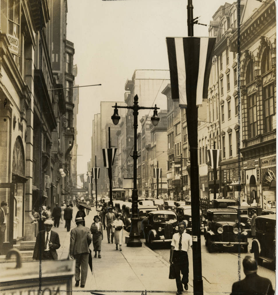 Chestnut Street looking west from 10th showing lamp post decorations, June 10, 1936 | Evening Bulletin | Special Collections Research Center, Temple University Libraries, Philadelphia, PA