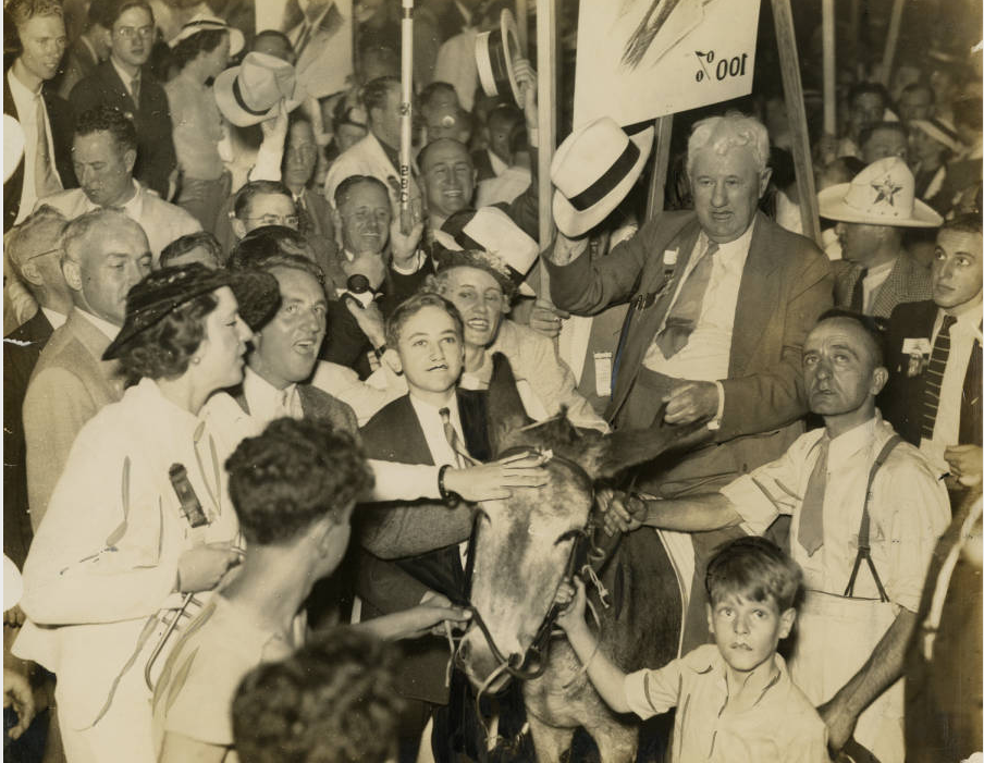 Gentleman from Mississipp rides donkey through Democratic National Convention crowd, June 1936 Philadelphia Evening Bulletin | Special Collections Research Center, Temple University Libraries, Philadelphia, PA