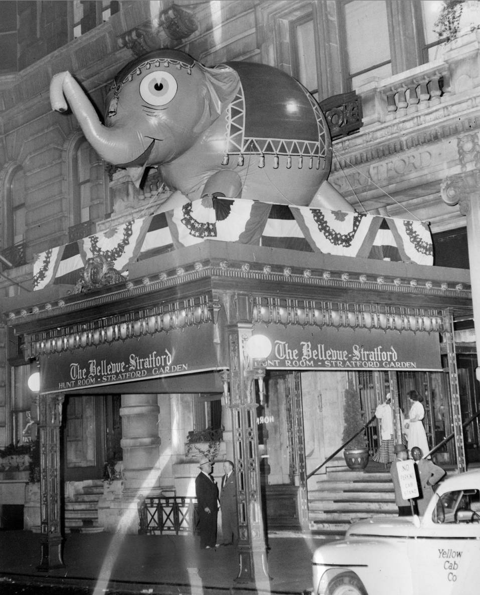 Mascot of the G.O.P decorates entrance to Bellevue-Stratford Hotel, 1948 Republican Convention, June 1948 | Evening Bulletin | Special Collections Research Center, Temple University Libraries, Philadelphia, PA