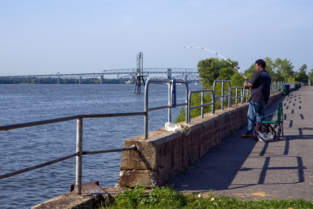 Looking south at the Tacony fishing and boat launch toward the Betsy Ross and Delair Bridges.