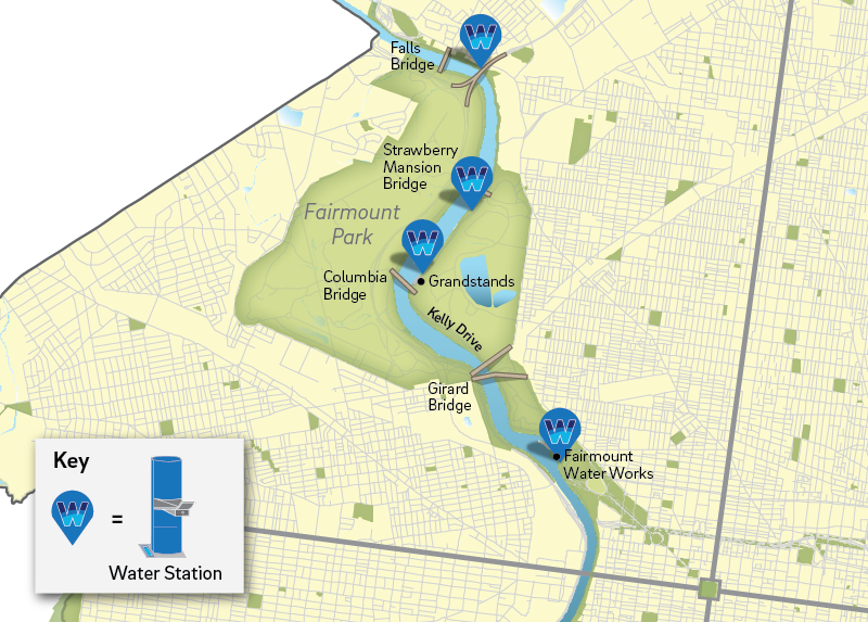 Map of water stations along Kelly Drive | Philadelphia Water Department