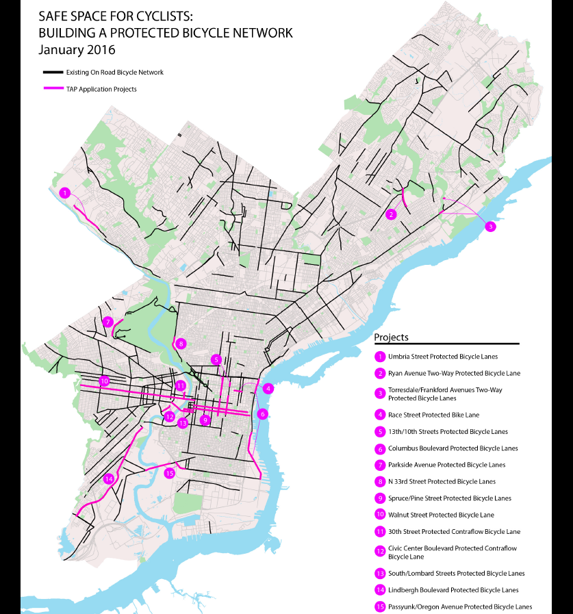 Map showing 15 projects attached to Safe Space for Cyclists TAP Application