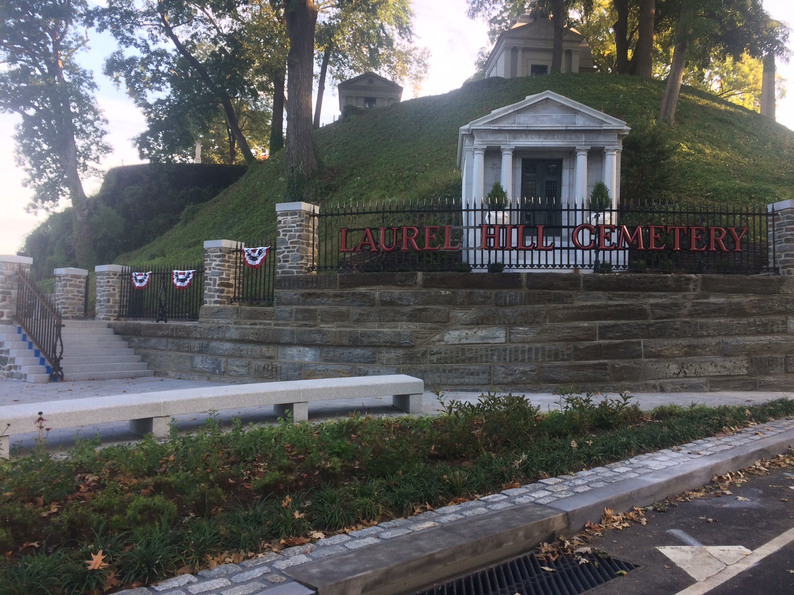 New entrance, landscaping and bench at Laurel Hill Cemetery