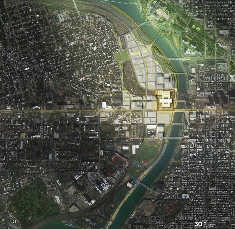 Rendering of a aerial view of a redeveloped 30th Street Station District.
