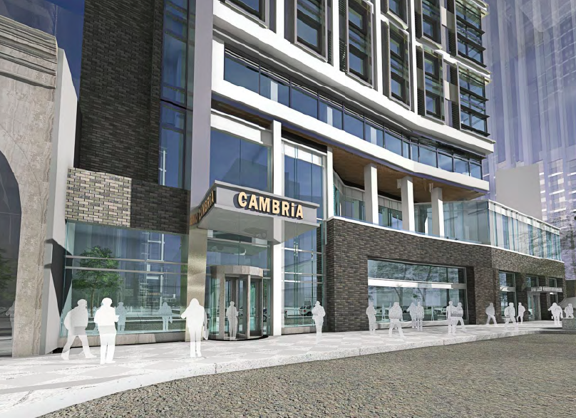 Rendering of Cambria Hotel at ground level | DAS Architects