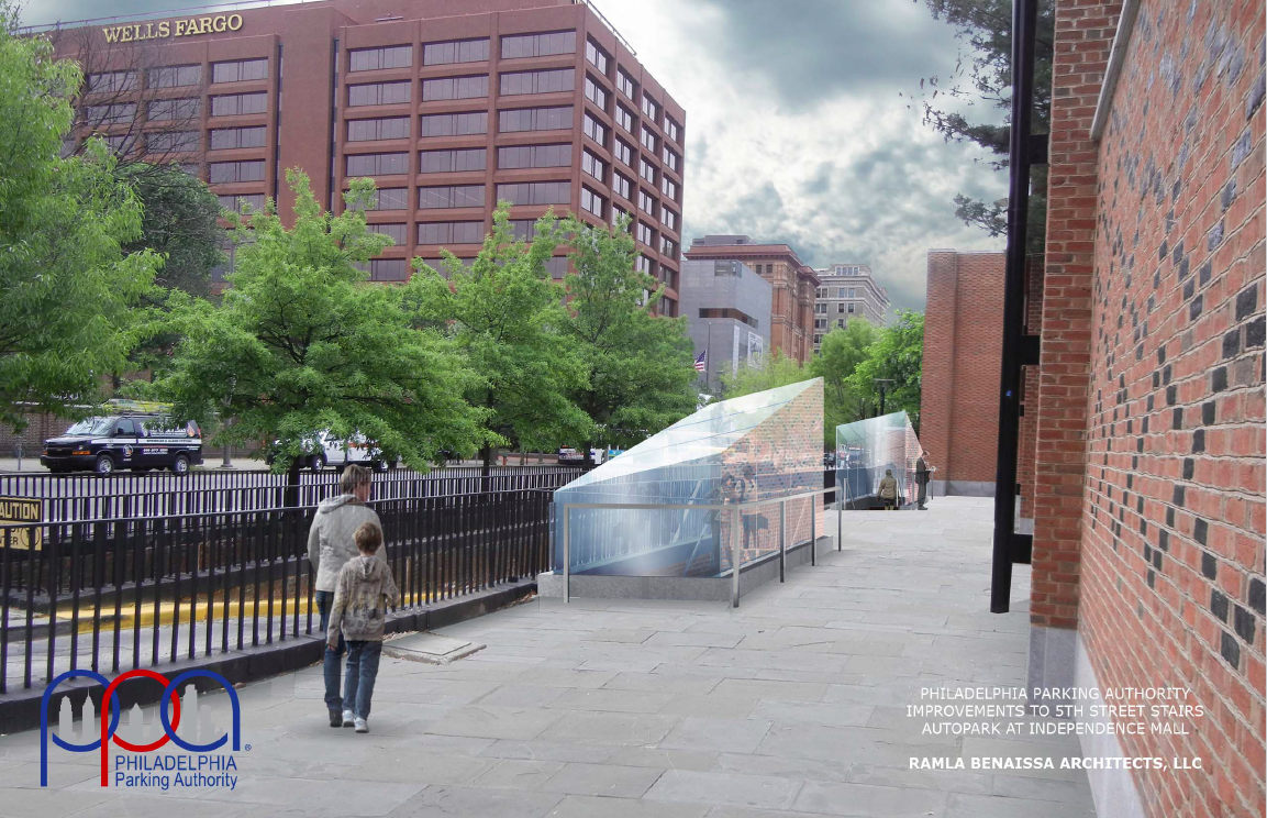 Rendering of new glass canopy over stairs to PPA's Independence Mall garage
