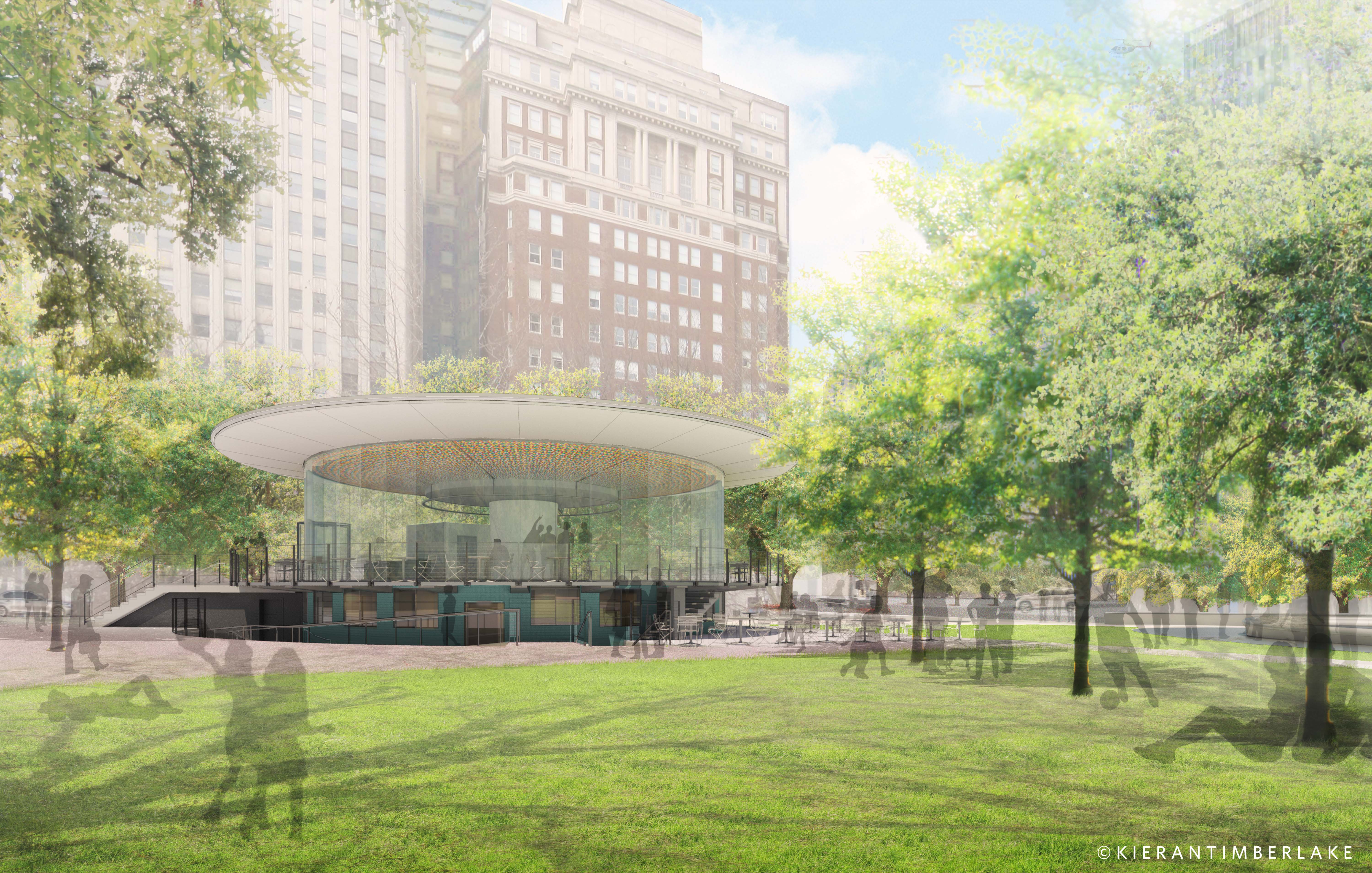 Rendering of Welcome Center from the lawn | Kieran Timberlake 