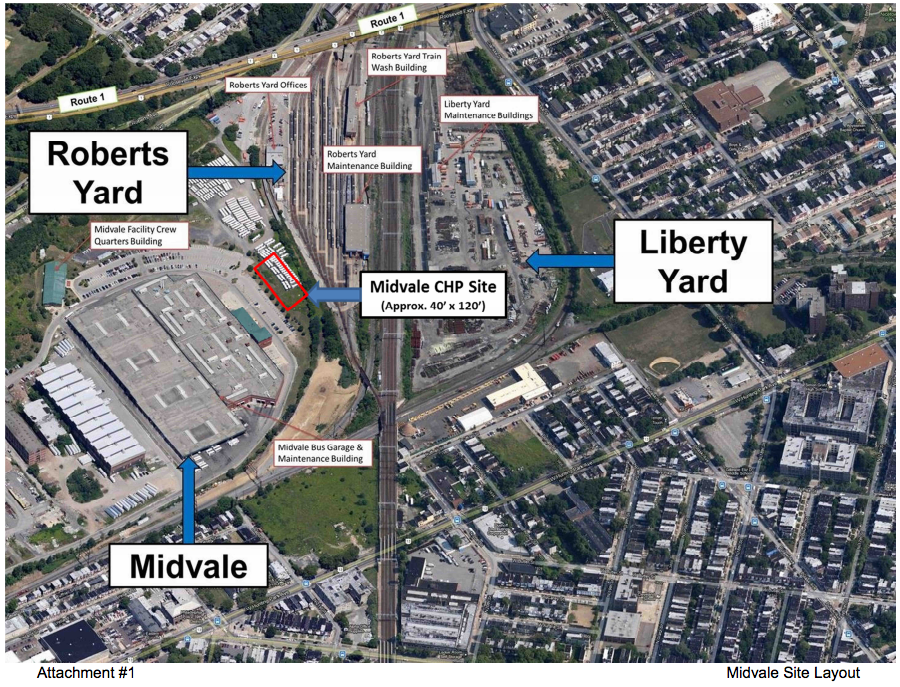 Satellite photo showing proposed Midvale CHP site in relation to other SEPTA facilities