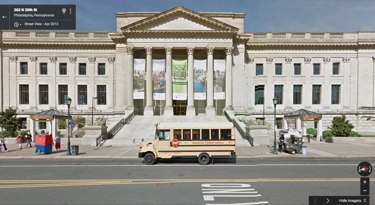 School buses frequently stop in front of the Franklin Institute on 20th Street