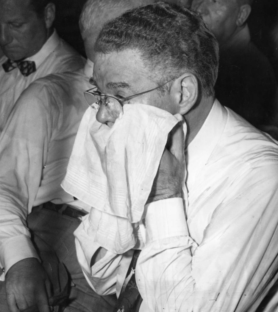 Illinois Sen. Wyland Brooks wiping his face. Temperatures in Convention Hall during the 1948 convention hit 95 degrees.  | Special Collections Research Center, Temple University Libraries, Philadelphia, PA
