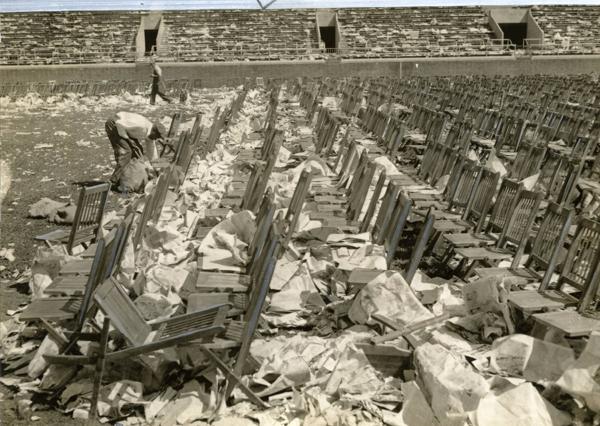 Trash left after closing ceremonies of 1936 Democratic National Convention, Franklin Field. Evening Bulletin | Special Collections Research Center, Temple University Libraries, Philadelphia, PA