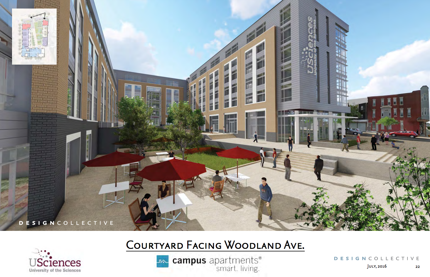 USciences residence hall courtyard facing woodland | August 2016 CDR | Design Collective