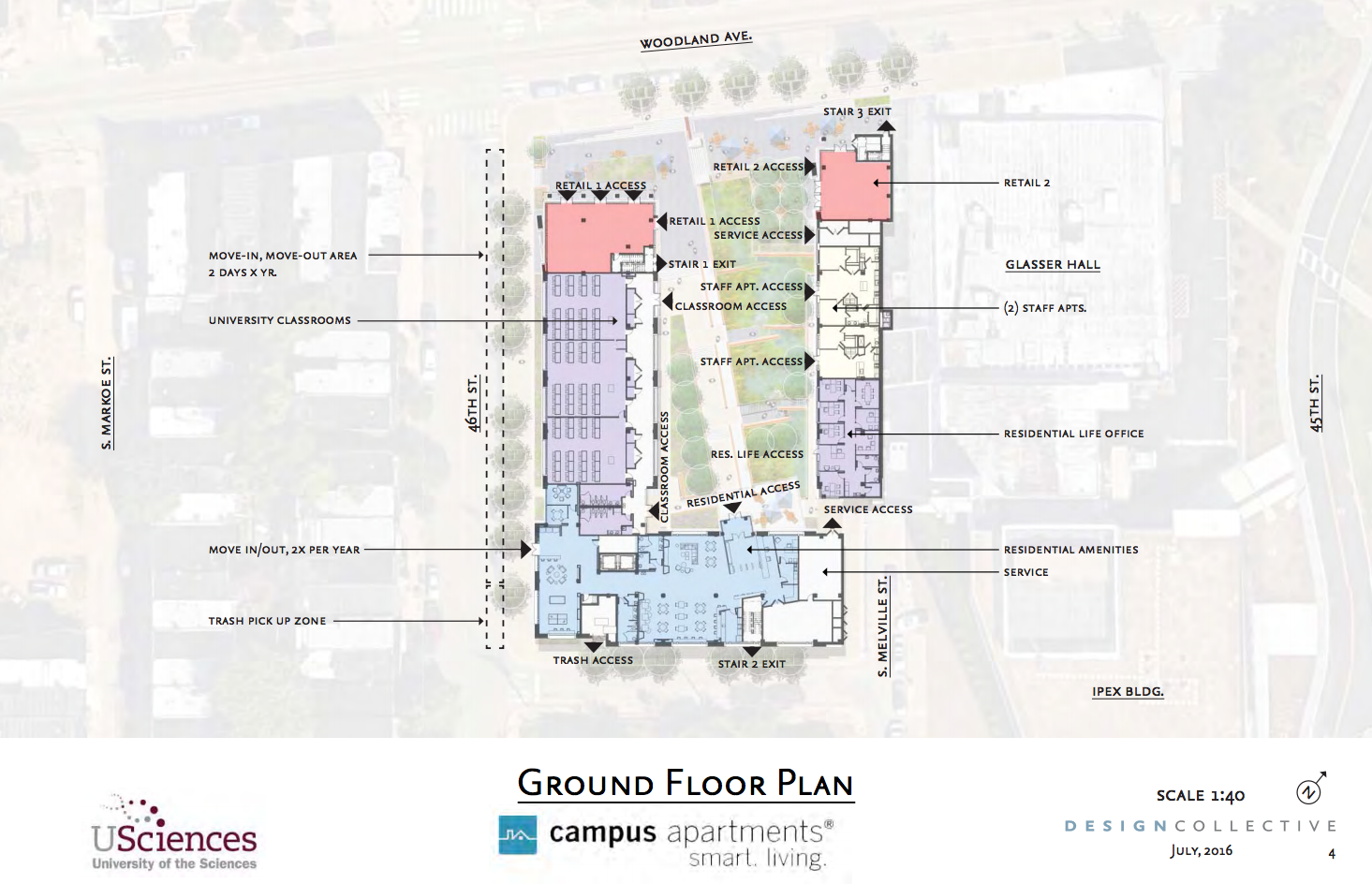 USciences residence hall ground floor plan | August 2016 CDR | Design Collective