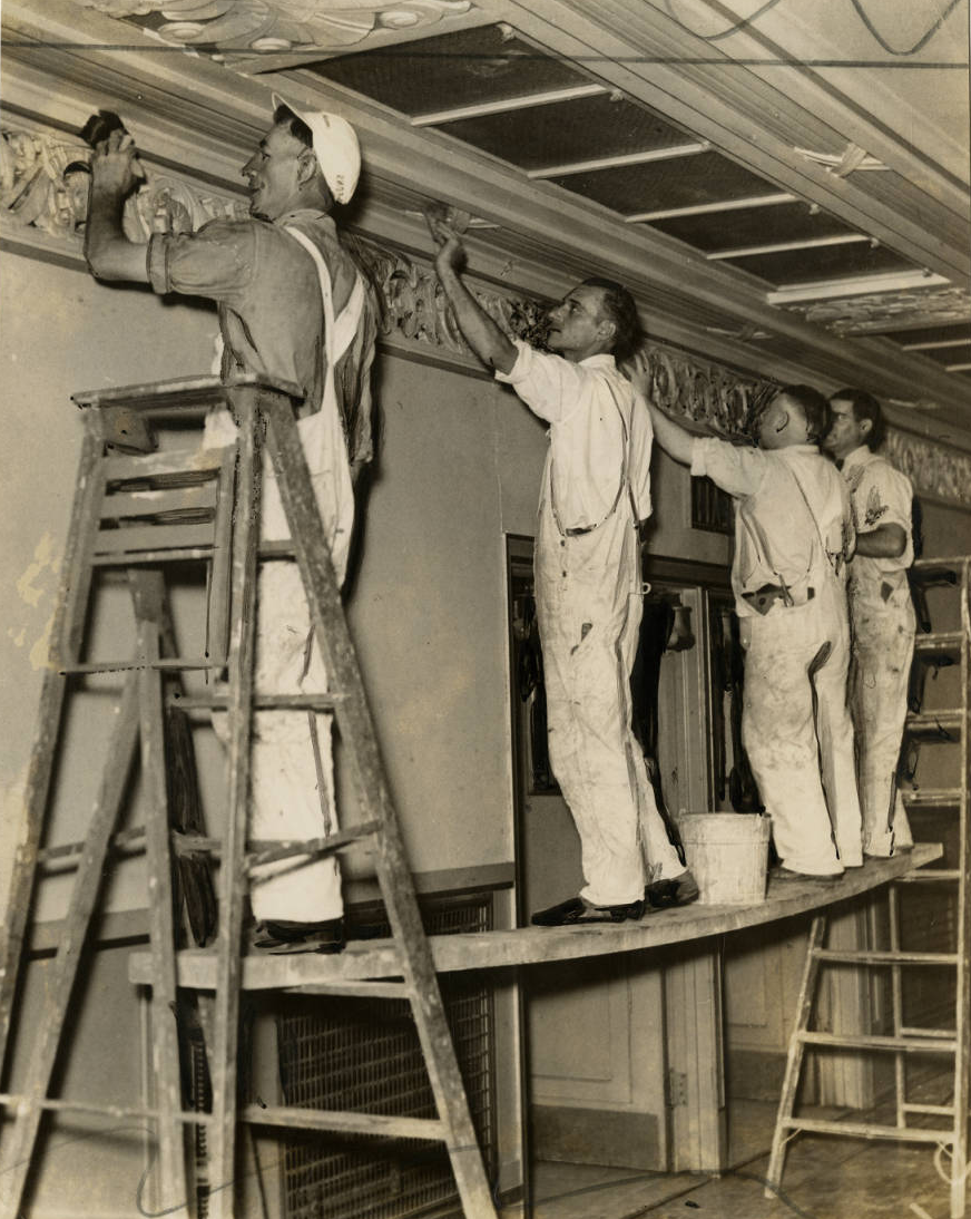 Workers painting in the Convention Hall preparing for the Democratic Convention | Philadelphia, June 15, 1936 | Evening Bulletin | Special Collections Research Center, Temple University Libraries, Philadelphia, PA 