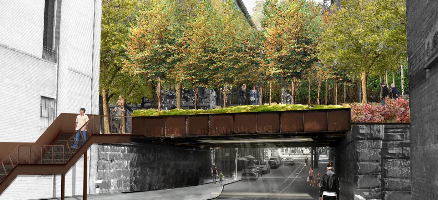 A rendering of the Rail Park's planned entrance at 13th Street in Callowhill.