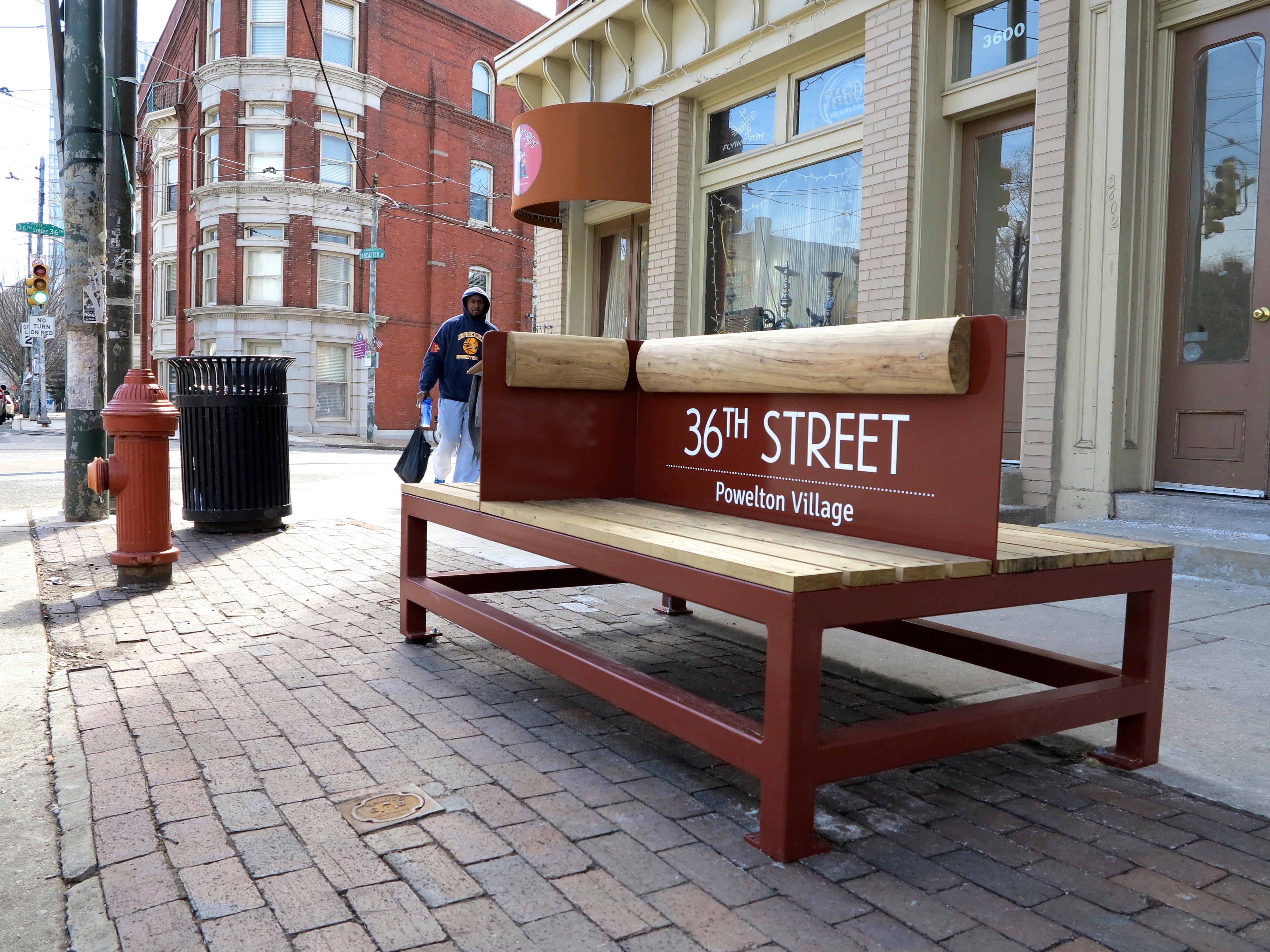 36th and Lancaster trolley bench installed by UCD.
