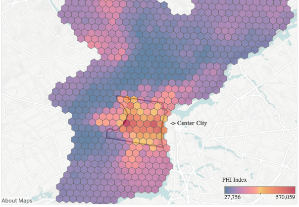 A heatmap showing the spread of high-priced homes in Greater Center City. (Map credit: Econsult Solutions)