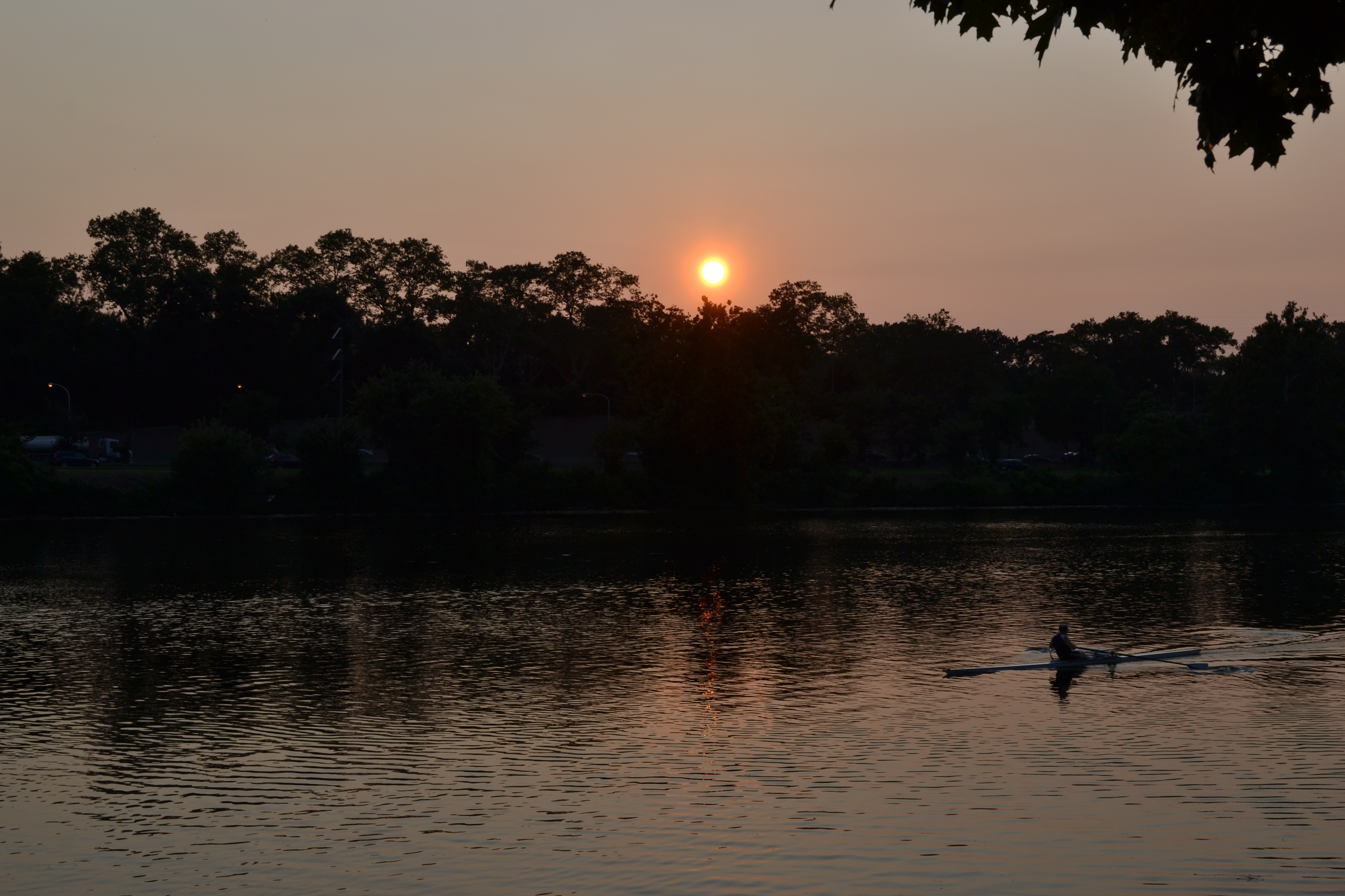 A lone rower cruised under the setting sun