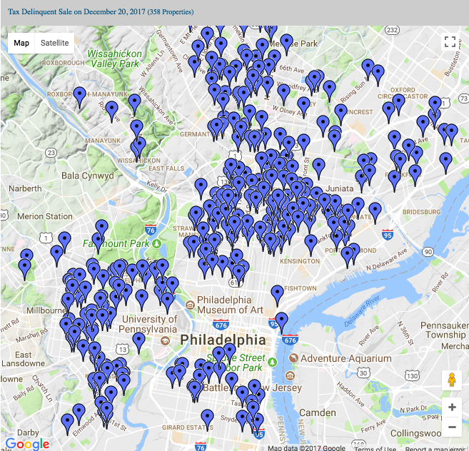 A map shows 358 properties scheduled for tax delinquent sale on December 20th 