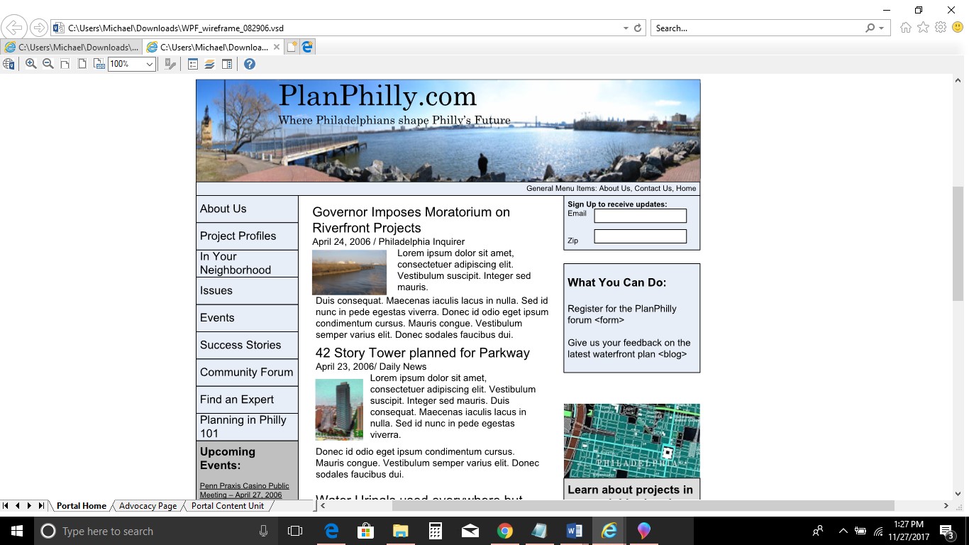 A wireframe mock up of the original PlanPhilly.com website