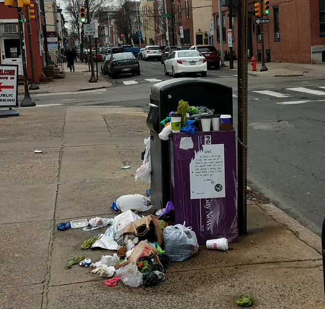 BigBelly overflowing with residential trash, photo sent to Philly311 in January 2017.