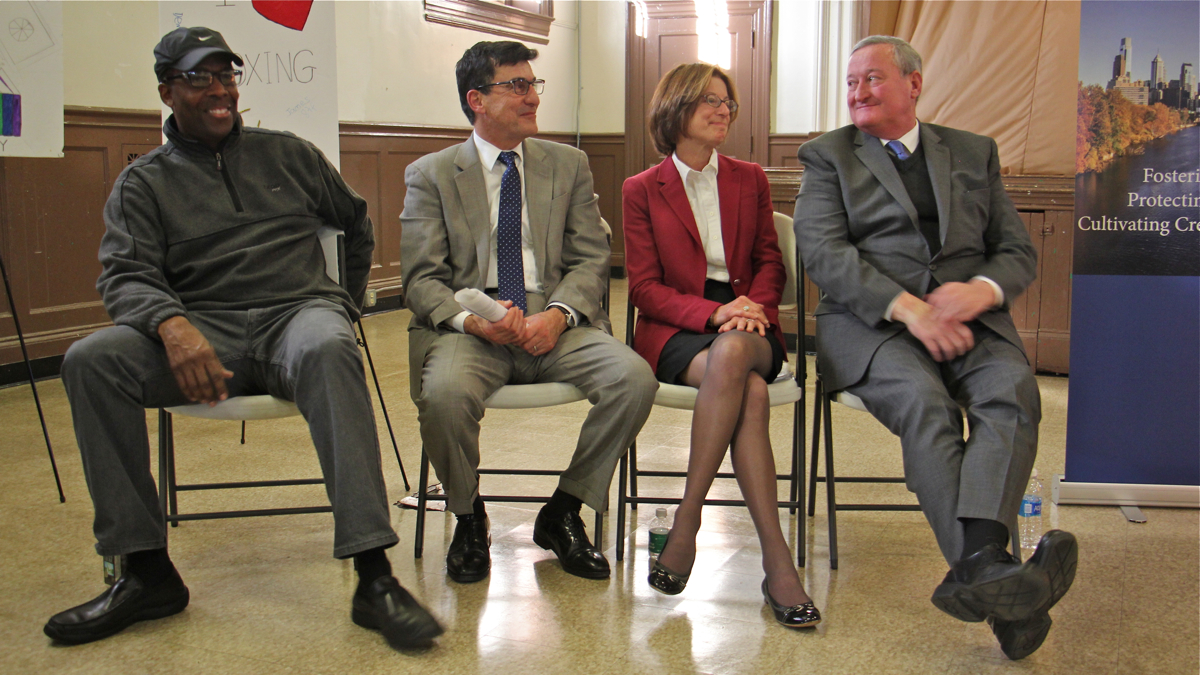 Council President Clarke, Managing Director Mike DiBerardinis, Janet Haas of the William Penn Foundation, and Mayor Jim Kenney at Rebuild grant announcement in November 2016. | Emma Lee/WHYY