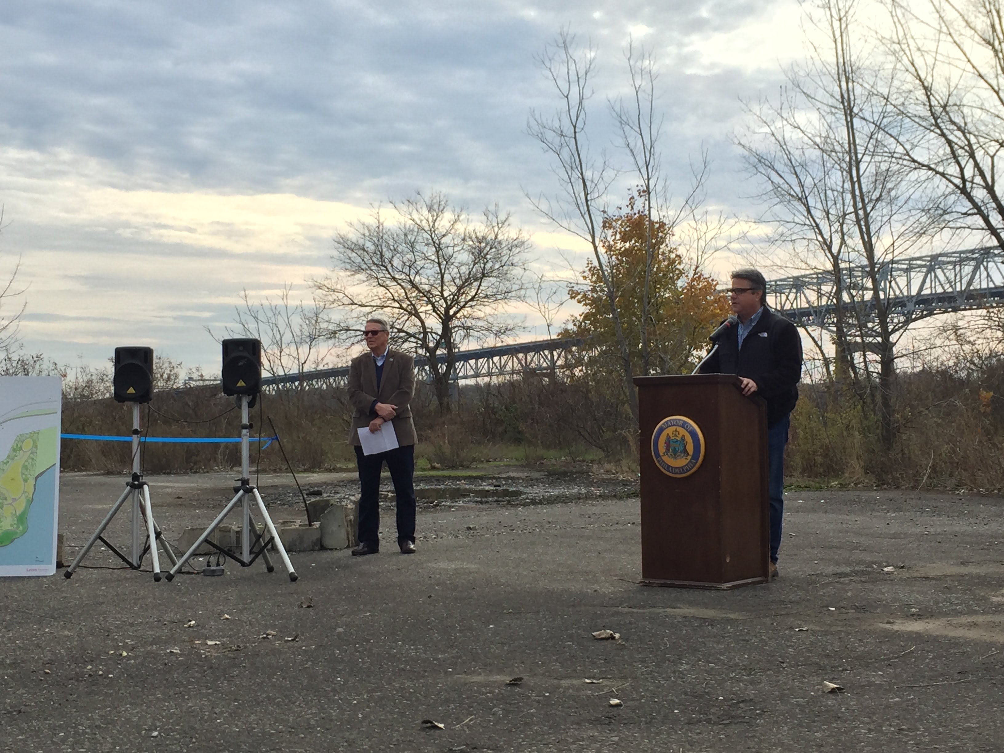 Councilman Bobby Henon speaking at site of proposed park in Bridesburg