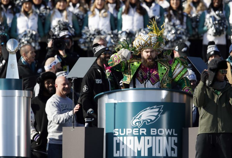 Eagles center Jason Kelce gives his now-famous championship speech. Credit: AP